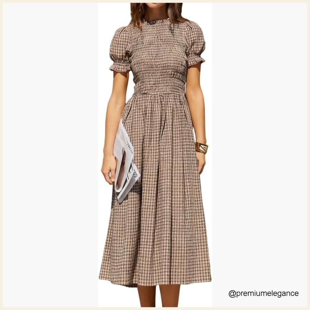 Women's Cotton Smocked Midi Dress with Puff Sleeves, Flowy A-Line - Picture 1 of 7